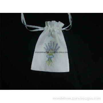 White Color Linen Bag with Lavender Embroidery (LB-005)